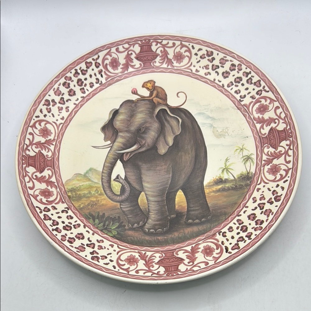 Decorative Elephant Monkey Safari Centerpiece Plate Decor Collectible Pink